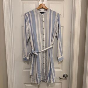 Like New Saks Fifth Avenue Blue and White Micro-striped Belted Shirtdress